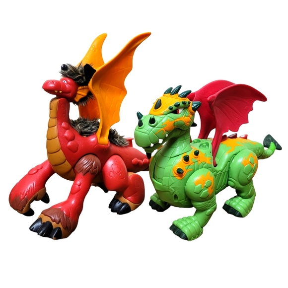 2pc Imaginext Deluxe Green Dragon 13" & Imaginext Red Dragon with Fuzzy Hair - Picture 1 of 4